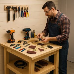 Bancada de trabalho com estrutura reforçada e ferramentas organizadas em oficina caseira.