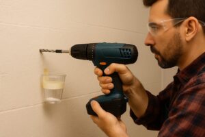Furo perfeito em parede de alvenaria com furadeira, copo coletor e fita crepe para profundidade