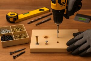 Parafusos organizados sobre bancada ao lado de madeira sendo fixada com parafusadeira, mostrando apenas as mãos do aplicador.