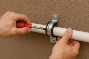 instalação hidráulica: mostrando mão fixando cano PVC branco na parede com chave Philips e abraçadeira metálica, solução prática e segura.
