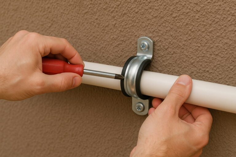 instalação hidráulica: mostrando mão fixando cano PVC branco na parede com chave Philips e abraçadeira metálica, solução prática e segura.