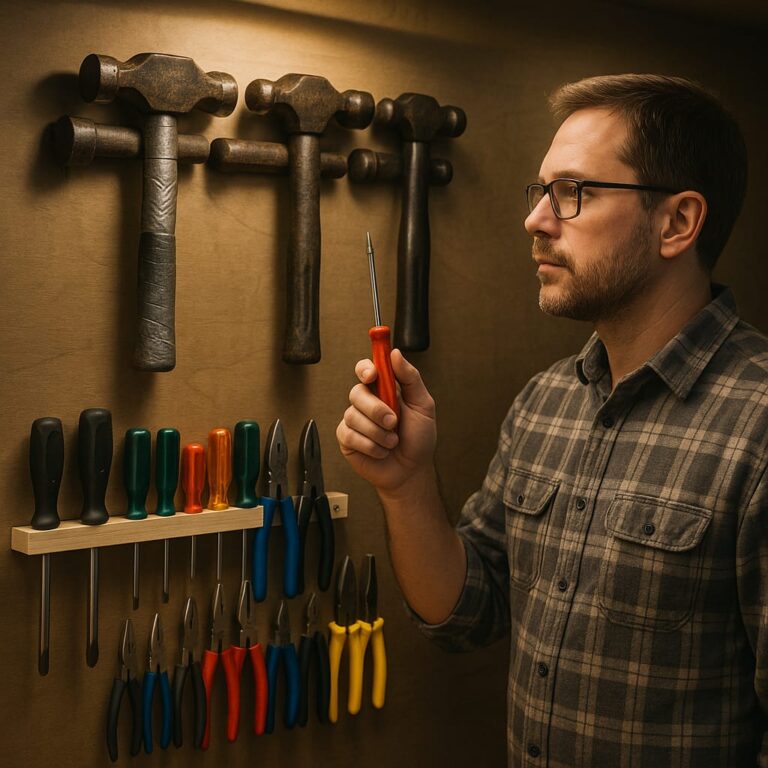 > Homem organizando ferramentas em painel de parede, com chaves de fenda, alicates e martelos alinhados.