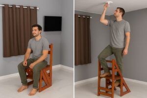 Homem utilizando uma cadeira de madeira que se transforma em escada, exibindo suas duas funções em um ambiente residencial moderno.