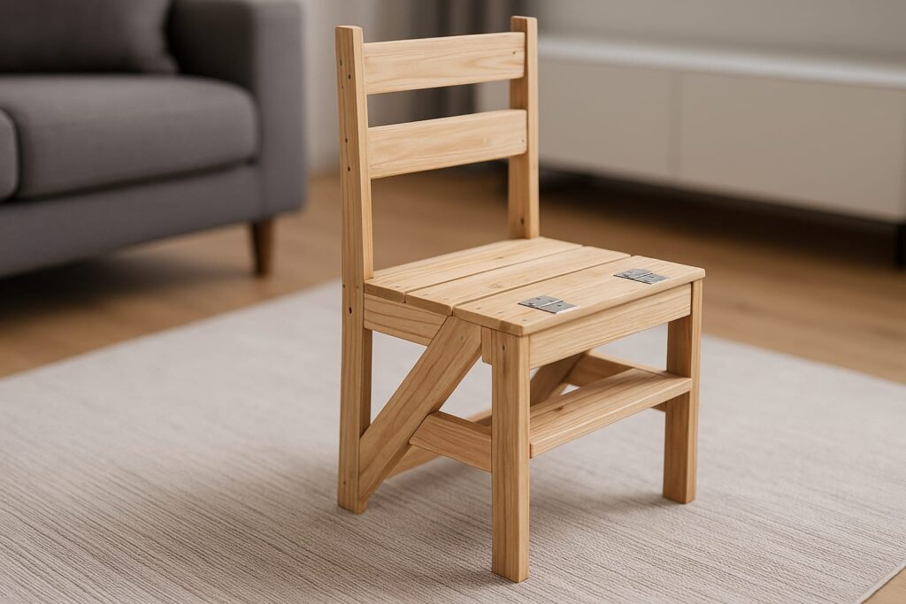 Cadeira de madeira convertível em escada, com foco nas dobradiças metálicas fixadas sobre o assento, exibida em ambiente interno moderno.
