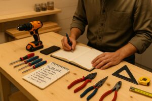 Pessoa escrevendo anotações em uma agenda apoiada sobre uma bancada com ferramentas organizadas, simbolizando planejamento e produtividade